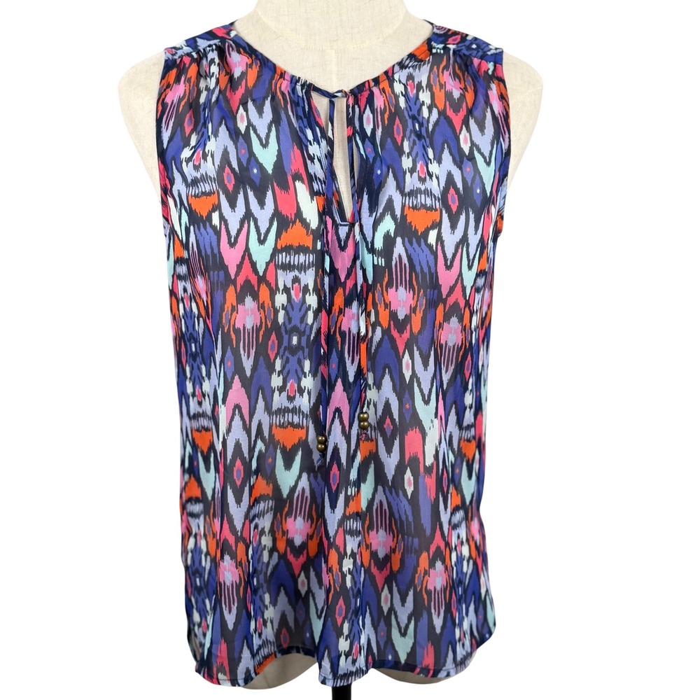 Gap Women XS Sleeveless Top Multicolor Ikat Print Tie Neck Sheer Boho Summer